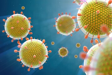 Paramyxovirus mumps , COVID pandemic, Close-up of virus under microscope. Realistic high quality medical 3d animation.