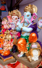 Indian Hindu God Lord Ganesha Statues, Coated with colors and sold for Ganesh Chathurthi