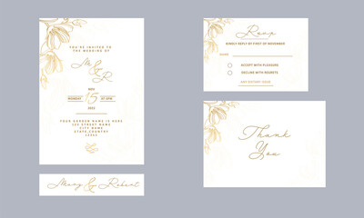 Fototapeta na wymiar Wedding Card Suite Template Layout Decorated With Golden Linear Floral In White Color.
