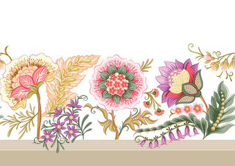 Fantasy flowers in retro, vintage, jacobean embroidery style. Border line seamless pattern, background. Vector illustration.