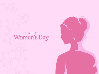 Happy Women's Day Concept With Silhouette Female And Line Art Floral Decorated On Pink Background.