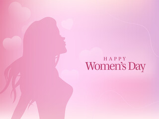 Happy Women's Day Font With Silhouette Young Lady And Hearts On Gradient Pastel Pink And Violet Background.