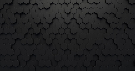 Black hexagon futuristic background. Abstract black backdrop in 3d rendering. Random of geometric pattern in technology style. Raster illustration - obrazy, fototapety, plakaty
