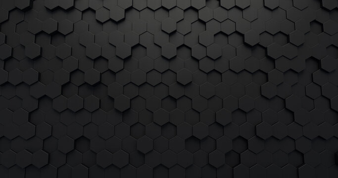 Black hexagon futuristic background. Abstract black backdrop in 3d rendering. Random of geometric pattern in technology style. Raster illustration