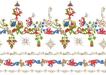 Floral vintage border line seamless pattern. Medieval illuminati manuscript inspiration. Design for wrapping paper, wallpaper, fabrics and fashion clothes. Vector illustration.