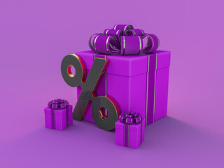 Gift box in purple paper isolated at violet background. 3D