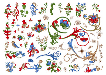 Floral vintage Medieval illuminati manuscript inspiration. Romanesque style. Clip art, set of elements for design Vector illustration