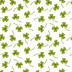 Fototapeta na wymiar St Patrick s Day Clover seamless pattern. Illustration for lucky spring design with shamrock. Green clover isolated on white background. Ireland symbol pattern. Irish decor for web site.