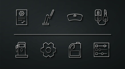 Set line Auto service check automotive, Petrol or Gas station, Car key with remote, Canister for motor machine oil, Gear, Windscreen wiper, settings and Windshield icon. Vector