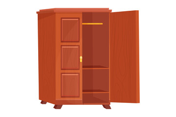 Wooden wardrobe empty furniture with shelf in cartoon style isolated on white background. Cupboard, drawer interior object.