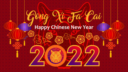 Happy Chinese New Year Greeting Card Gong Xi Fa Cai Means Good Fortune 2022 Year Of The Tiger With Decorative Chinese Lantern And Texture Background