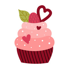 Cupcake decorated with hearts, raspberry, mint leaf and decorative sprinkles. Baking for Valentine's day, birthday, wedding, anniversary. Flat cartoon vector illustration isolated on white background
