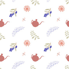 Summer seamless pattern with boho leaves, sun, olive branch, jar, dragonfly. Scandinavian style pattern for kitchen wallpaper, wrapping paper, fabric, textile. Vector texture