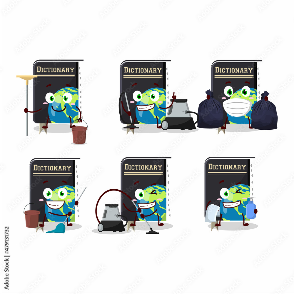 Wall mural Cleaning service dictionary book cute cartoon character using mop