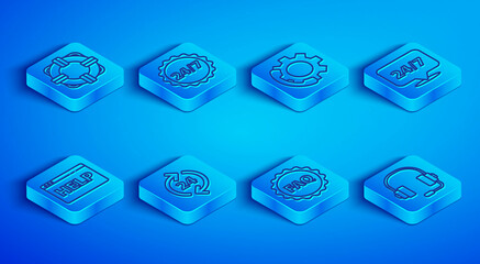 Set line Lifebuoy, Clock 24 hours, Telephone support, Label with text FAQ, Browser help and Headphones icon. Vector