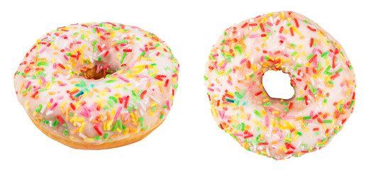 Fototapeta na wymiar Sweet pink donut isolated on white background. Fresh donut covered in sprinkles isolated over white background. Donut with colorful sprinkles isolated