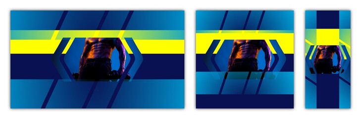 Presentation templates elements. Template design, for print banner, web. Set of cover header brochure for fitness trainer gym instructor, sport club. Horizontal and vertical banners, square design.