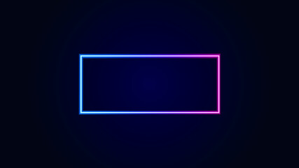 abstract black background with glowing neon rectangle, empty rectangular frame. Simple geometric shape. Laser line with pink to blue gradient, vector graphic