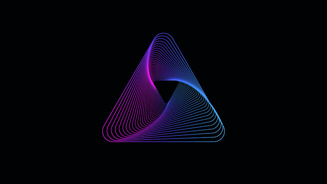 Penrose triangle on a dark background. Impossible figure. pink blue neon light, abstract ultraviolet background, triangle shape, dynamic glowing lines, psychedelic vibrant colors, show stage, tunnel