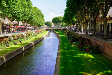 View to the Canal city near Castle of Perpignan in france