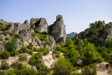 Fototapeta na wymiar dolomites erosion of Moureze in Herault region rock stones peaks of different sizes in forest south french