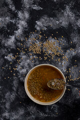 Rich lentil soup, on a plate with a spoon with lentils, on a dark background, with black, gray and...