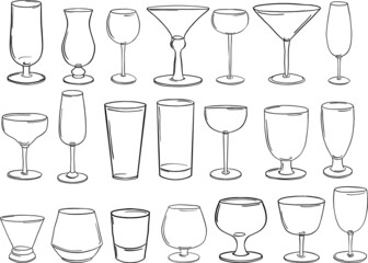 Hand drawn set of different glasses for drinks. Vector.