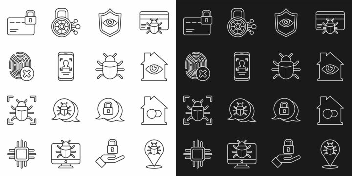 Set line System bug, Smart home, House with eye scan, Shield and, Mobile face recognition, Cancelled fingerprint, Credit card lock and icon. Vector © Kostiantyn