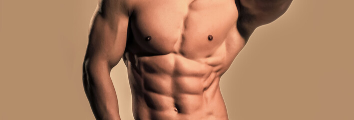Banner templates with muscular man, muscular torso, six pack abs muscle. Sexy gay with bare chest....