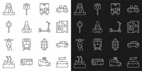 Set line Boat with oars, Hatchback car, Broken road, Bus, Traffic cone, Road traffic signpost, Cargo ship and Scooter icon. Vector