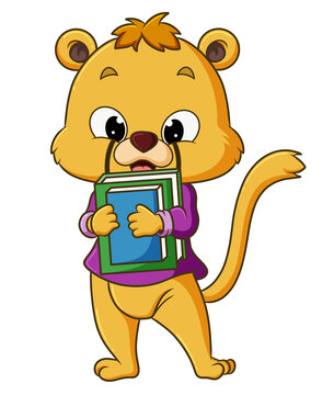 The cute student lion is holding a lot of book with the happy face