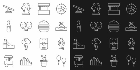 Set line Balloons, Classic dart board and arrow, Fountain, Ticket box office, Comedy tragedy masks, Bottle water, Seesaw and Burger icon. Vector
