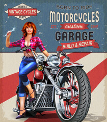 Obraz na płótnie Canvas Vintage Garage poster with sexy girl sitting on retro motorcycle. 