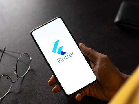 Assam, india - May 29, 2021 : Google Flutter logo on phone screen stock image.