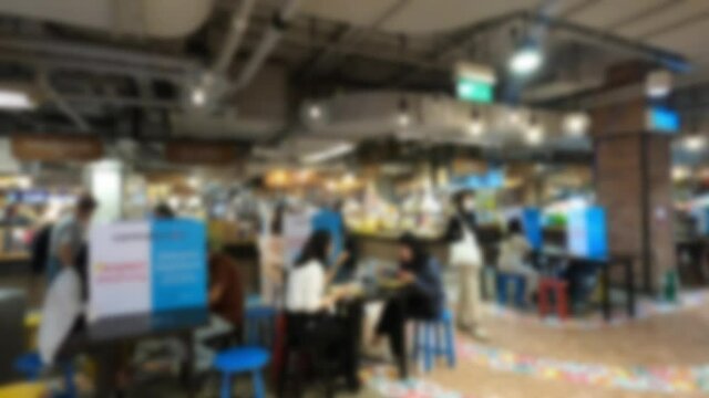 People walking in the food court of a shopping mall. It is a blurry image that prevents people's faces from being clearly visible and the labels of the products in department stores are not visible.