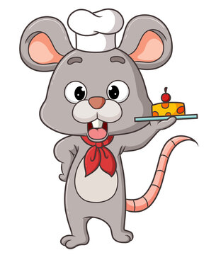 The chef mouse is serving a tasty cheese with cherry