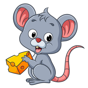 The little mouse is eating cheese while sitting