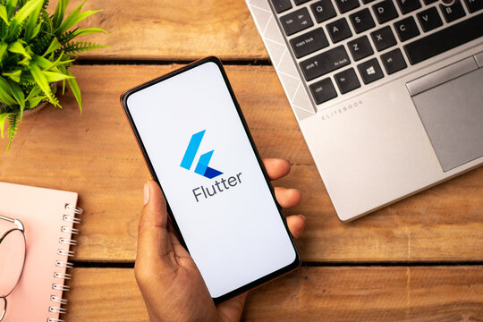 Assam, india - May 29, 2021 : Google Flutter logo on phone screen stock image.