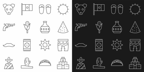 Set line Chichen Itza in Mayan, Huehuetl, Nachos, Flip flops, Corn, Revolver gun, Dog and Tequila bottle icon. Vector