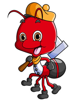 The worker ant is holding a hammer and wearing hat