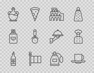 Set line Bottle of olive oil, Coffee cup, Coliseum in Rome, Flag Italy, Pizza knife, Perfume and Italian cook icon. Vector