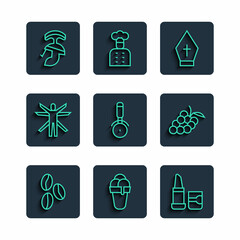 Set line Coffee beans, Ice cream, Lipstick, Pope hat, Pizza knife, Vitruvian Man, Roman army helmet and Grape fruit icon. Vector