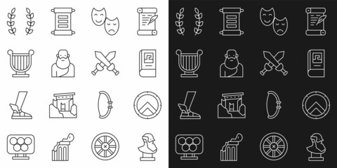 Set line Ancient bust sculpture, Greek shield, history book, Comedy and tragedy masks, Socrates, lyre, Laurel wreath and Crossed medieval sword icon. Vector