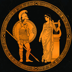 Ancient Greek warrior in armor and a helmet with a spear and shield and a woman in a tunic with a harp. Two figures in a round frame with meander ornament. - obrazy, fototapety, plakaty