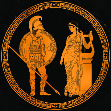 Ancient Greek warrior in armor and a helmet with a spear and shield and a woman in a tunic with a harp. Two figures in a round frame with meander ornament.