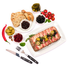 Traditional French terrine covered with bacon isolated on white background