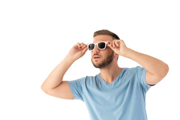 Surprised man looking up with a sunglasses on a white background