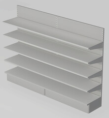 Obraz premium Empty commercial shelving to complete with advertisements and products. 3D image. Supermarket shelves. Commercial mock up. Interior graphic design.
