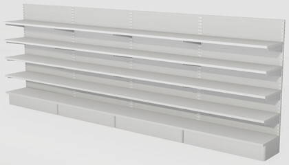 Empty commercial shelving to complete with advertisements and products. 3D image. Supermarket shelves. Commercial mock up. Interior graphic design.