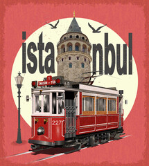 Vintage touristic postcard. Istanbul,Turkey.Retro poster with retro tram and Galata Tower.
